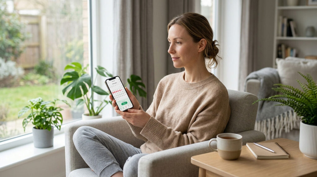 A woman in a beige sweater sits in a cozy room, holding a smartphone displaying an app, with plants nearby.