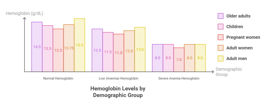 Bar graph displaying hemoglobin levels by demographic group with values for older adults, children, pregnant women, adult women, and adult men. Infographic.