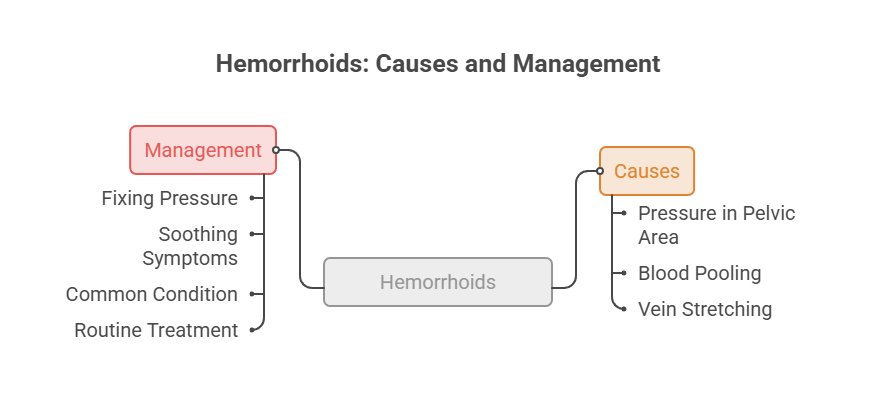 Infographic showing hemorrhoids causes and management, including symptoms and treatments.