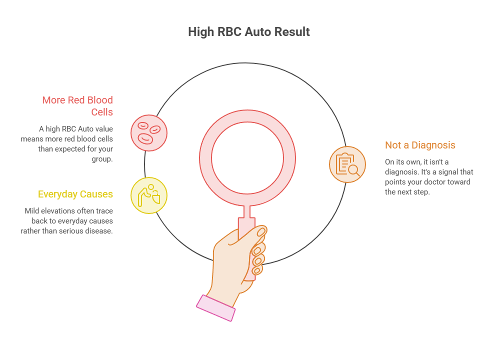 Hand holding a magnifying glass with text about high RBC auto results, including causes and diagnosis information.