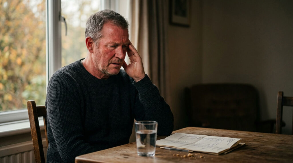 A man with gray hair sits at a table, holding his head in distress, with a glass of water and a menu visible.