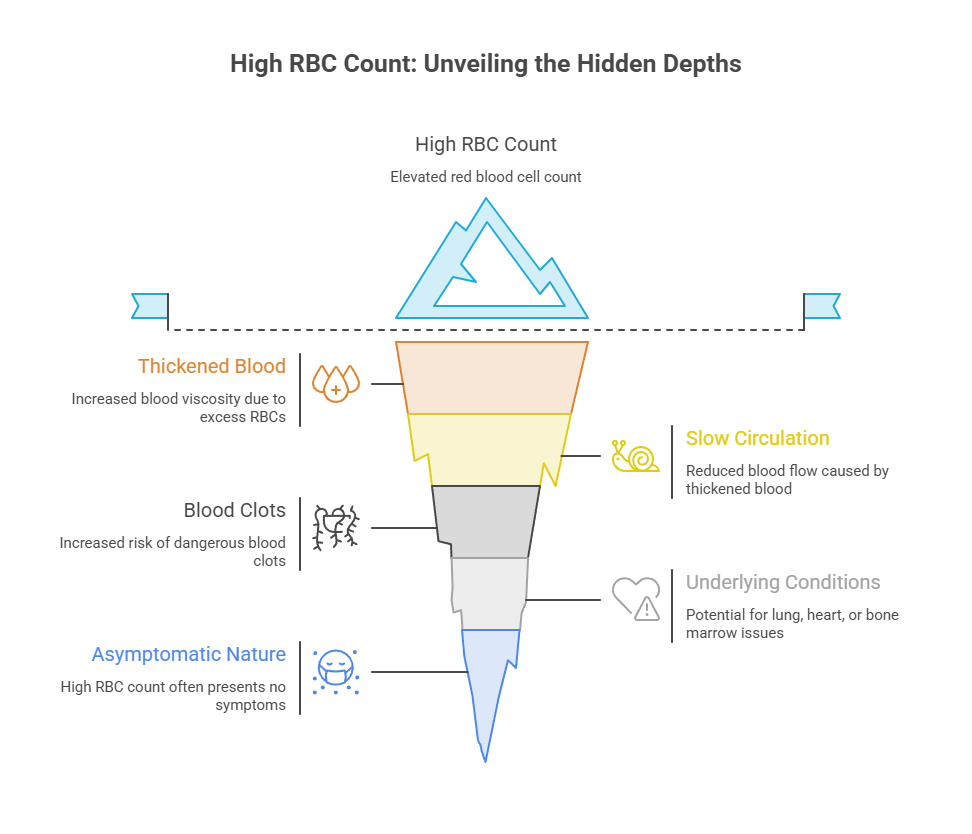 Infographic illustrating high RBC count effects, including thickened blood, blood clots, and slow circulation.