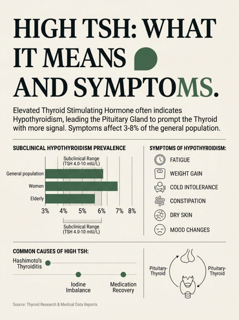 Infographic explaining high TSH, symptoms, prevalence, and causes with charts and icons.