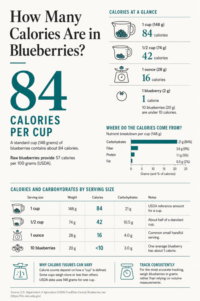 Infographic showing calorie content in blueberries, including serving sizes and nutrient breakdowns.