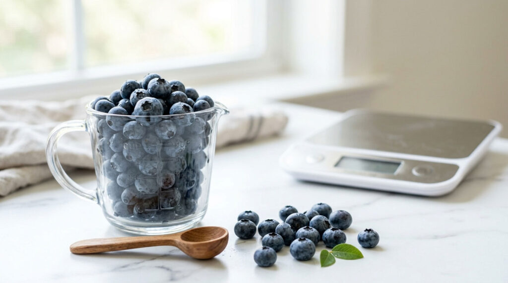 A glass measuring cup filled with fresh blueberries sits on a marble countertop next to a wooden spoon and a digital scale.