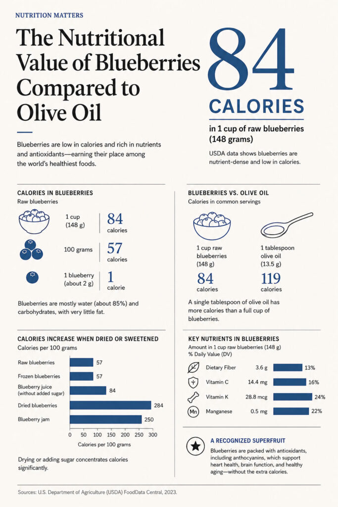 Infographic comparing the nutritional value of blueberries and olive oil, showing calories and key nutrients.