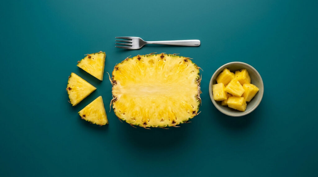 A fresh pineapple is sliced with pieces arranged beside a bowl of diced pineapple on a teal background.