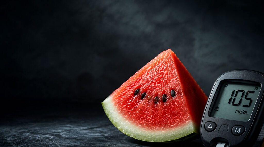 A slice of watermelon with black seeds next to a glucose meter displaying 105 mg/dL on a dark background.