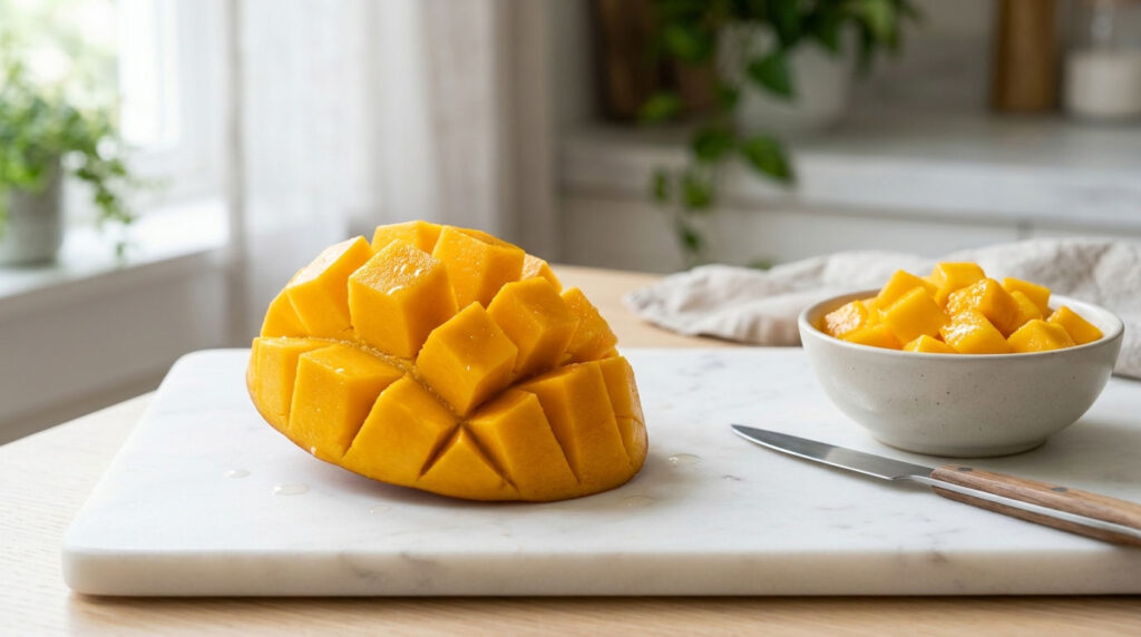 A halved mango with cubed pieces on a marble cutting board beside a bowl of diced mango.