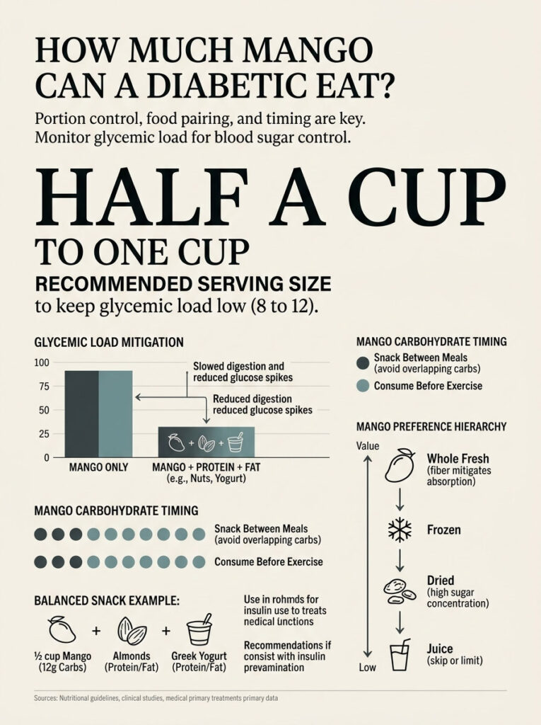 Infographic showing mango serving sizes, glycemic load mitigation, and timing for diabetics with charts and icons.
