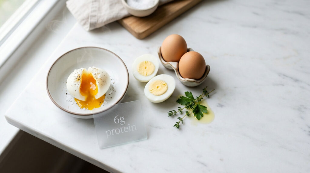 A soft-boiled egg with a runny yolk sits in a bowl, alongside sliced hard-boiled eggs, fresh herbs, and whole eggs.