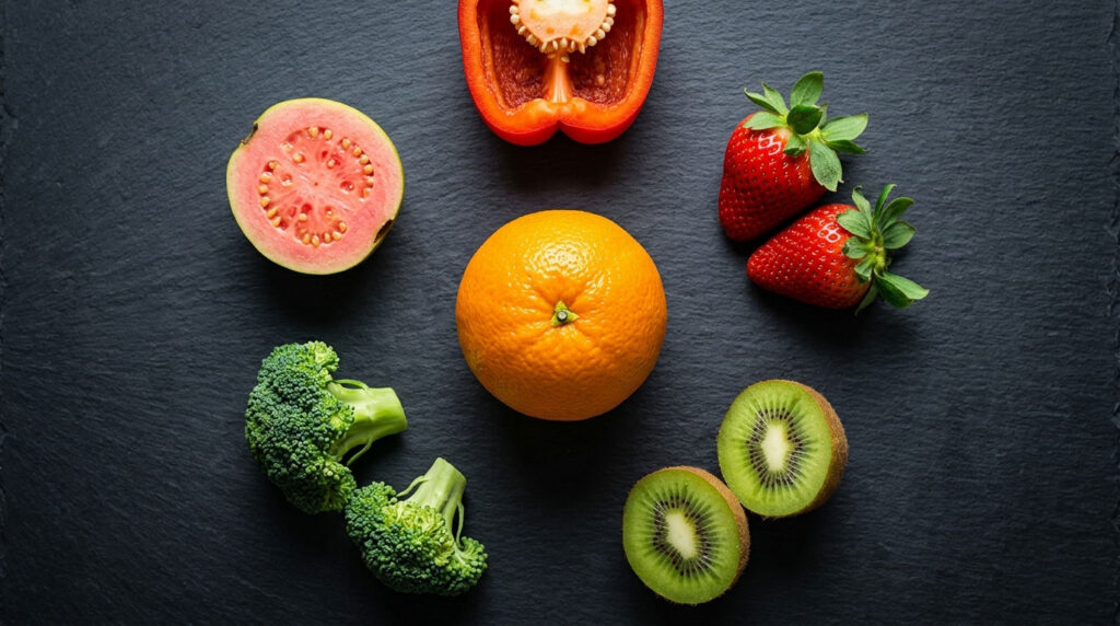 Fresh fruits and vegetables including orange, strawberries, kiwi, broccoli, and guava on a dark surface.