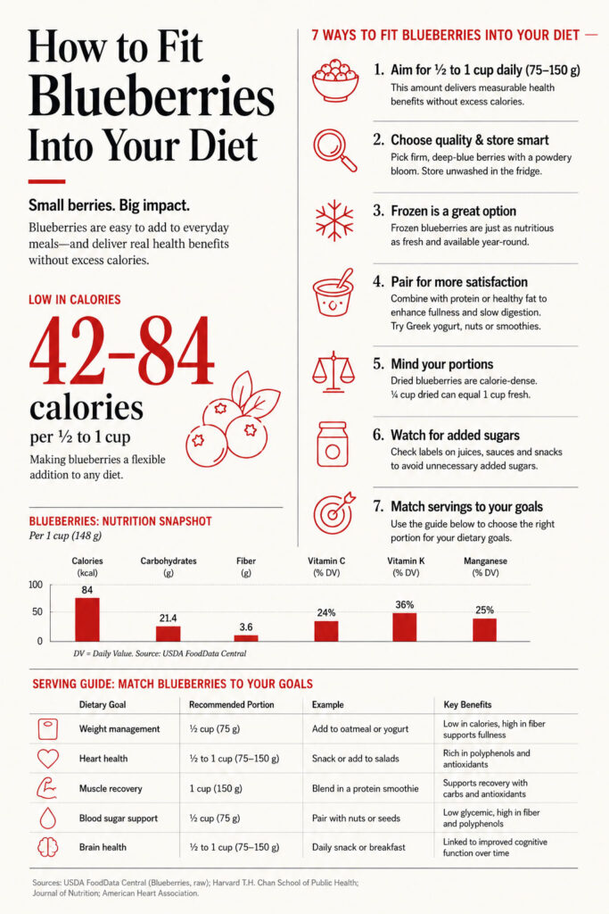 Infographic showing how to fit blueberries into your diet with tips, calorie information, and nutrition data.