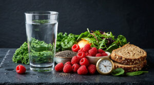 A glass of water sits next to fresh raspberries, leafy greens, chia seeds, and slices of whole grain bread.