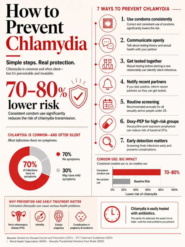 Infographic on preventing chlamydia with statistics, prevention tips, and risk reduction data.