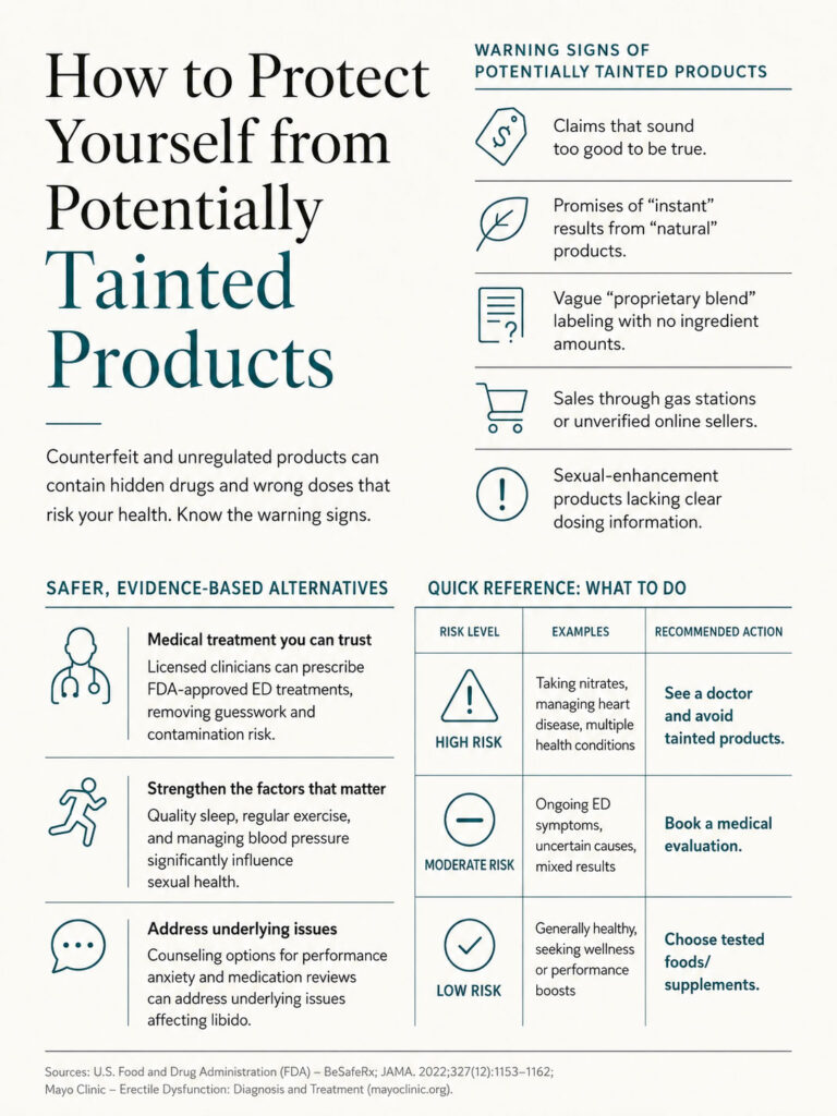 Infographic on protecting against potentially tainted products with warning signs and safer alternatives.