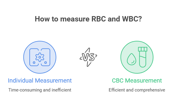 Infographic comparing Individual Measurement and CBC Measurement for RBC and WBC, highlighting efficiency differences.