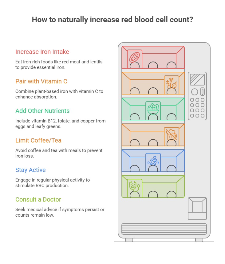 Infographic showing tips to naturally increase red blood cell count with text and icons for each method.