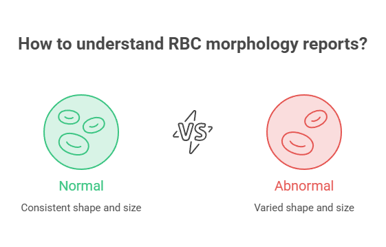 Infographic comparing normal and abnormal RBC morphology with illustrations and descriptions of shape and size.