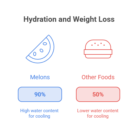 Infographic comparing hydration levels of melons and other foods, showing 90% and 50% water content respectively.