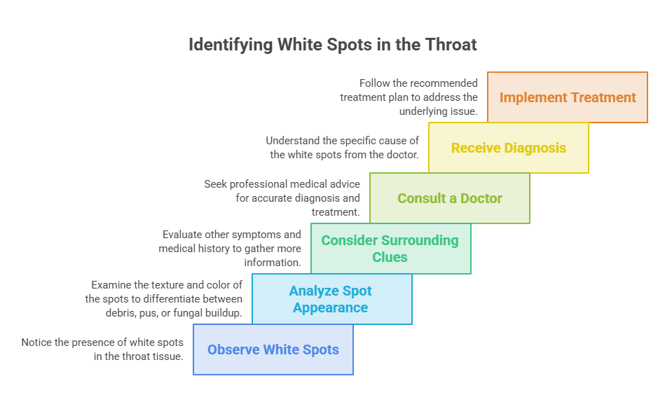 Infographic detailing steps to identify white spots in the throat, including diagnosis and treatment options.