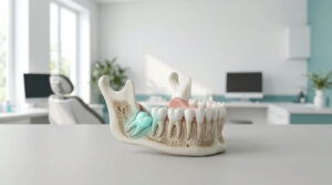 A detailed dental model of a jaw with teeth and roots in a bright dental office setting.