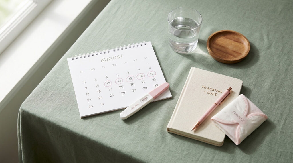 A calendar, notebook, pen, and pregnancy test on a green tablecloth with a glass of water and wooden dish.