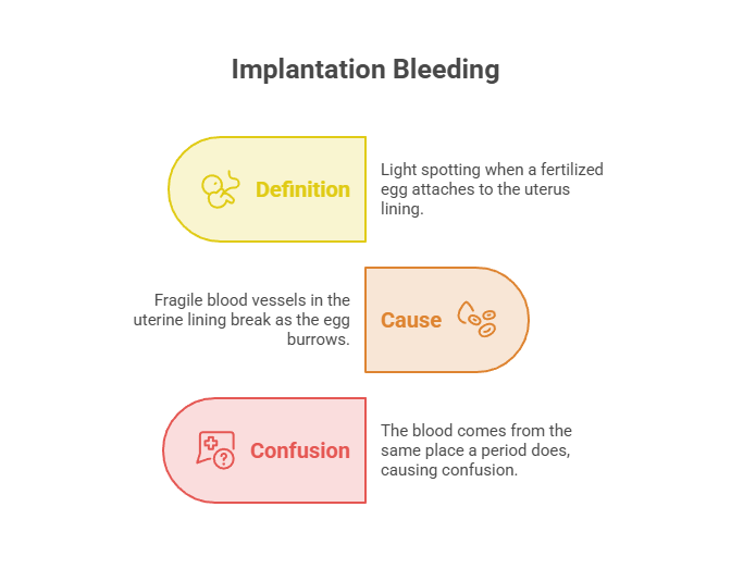 Infographic explaining implantation bleeding with sections on definition, cause, and confusion.