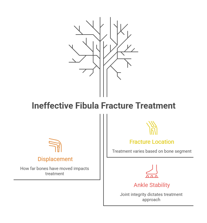 Infographic illustrating ineffective fibula fracture treatment with tree diagram, labels, and icons for displacement, fracture location, and ankle stability.