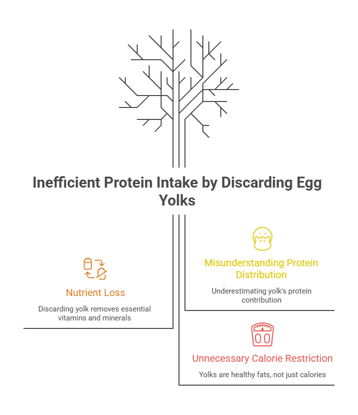 Infographic illustrating inefficient protein intake by discarding egg yolks, highlighting nutrient loss, protein distribution, and calorie restriction.