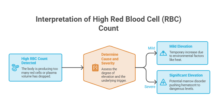 Infographic explaining high red blood cell count interpretation with flowchart and severity levels.