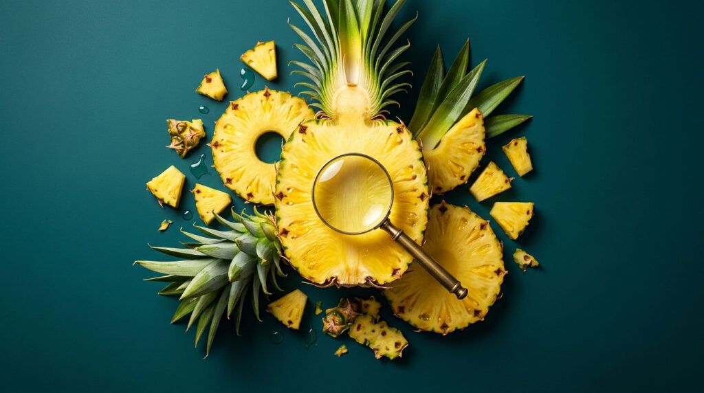 A magnifying glass rests on a sliced pineapple surrounded by pineapple pieces on a teal background.