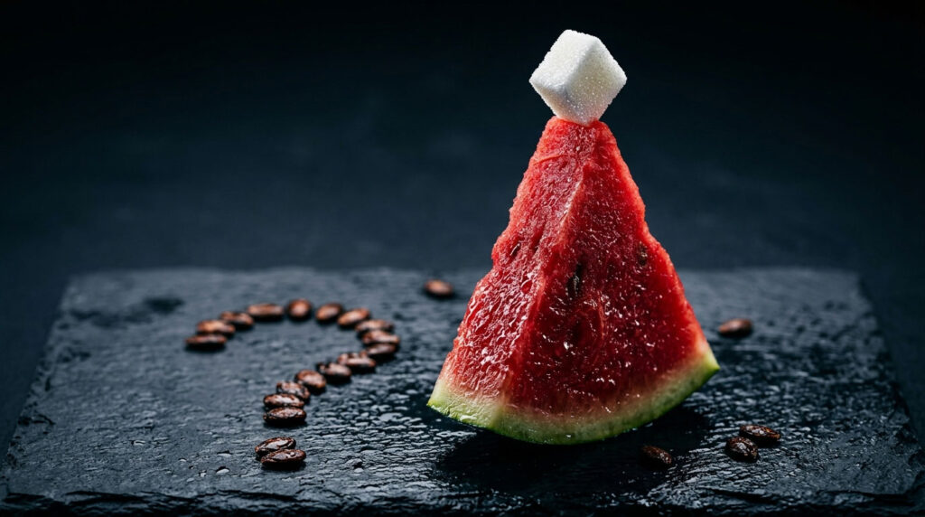 A triangular slice of watermelon topped with a sugar cube on a dark slate surface with coffee beans arranged nearby.