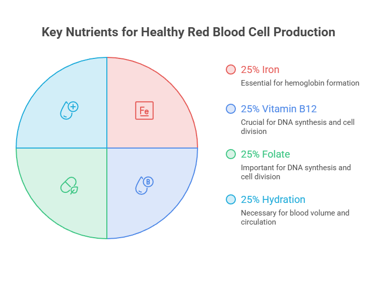 Infographic showing key nutrients for healthy red blood cell production with percentages and descriptions for iron, vitamin B12, folate, and hydration.