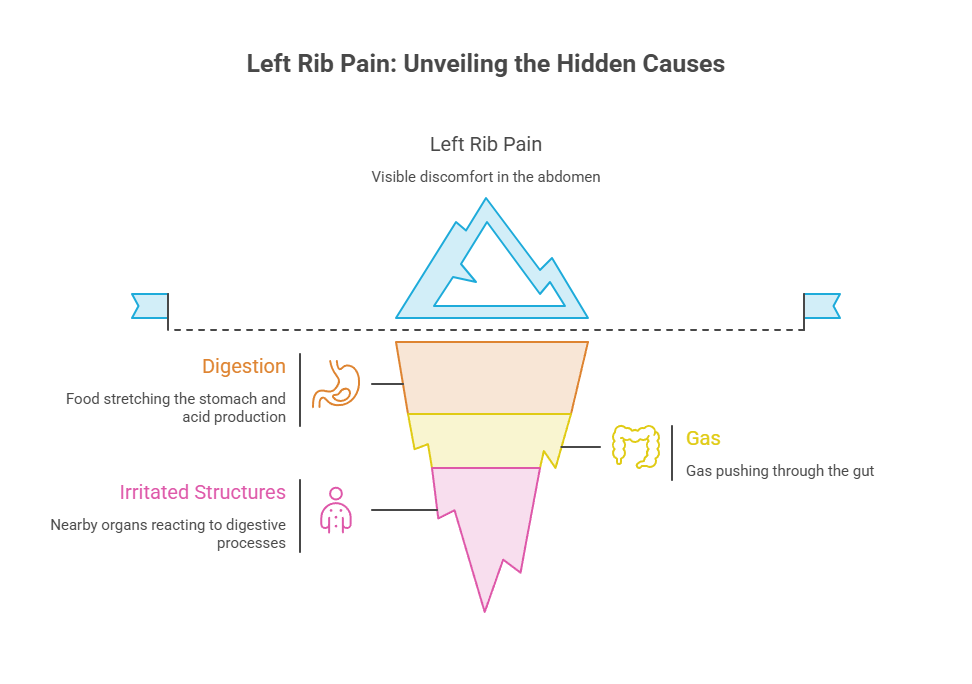 Infographic showing causes of left rib pain, including digestion, gas, and irritated structures with illustrations.