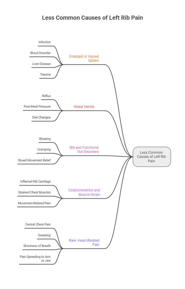 Mind map illustrating less common causes of left rib pain, including conditions like enlarged spleen and heart-related pain.