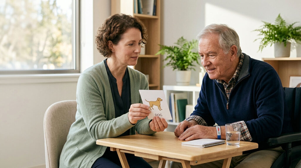 A woman shows a card with a dog illustration to an elderly man during a conversation at a table.