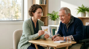 A woman shows a card with a dog illustration to an elderly man during a conversation at a table.