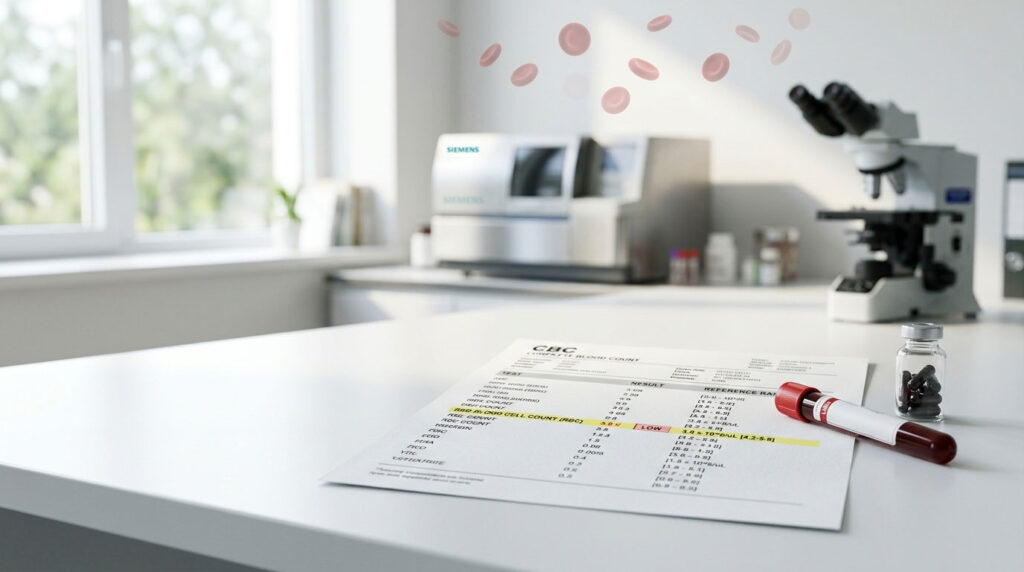 A blood test report on a lab table with a test tube and microscope in a bright laboratory setting.