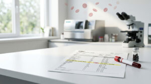 A blood test report on a lab table with a test tube and microscope in a bright laboratory setting.