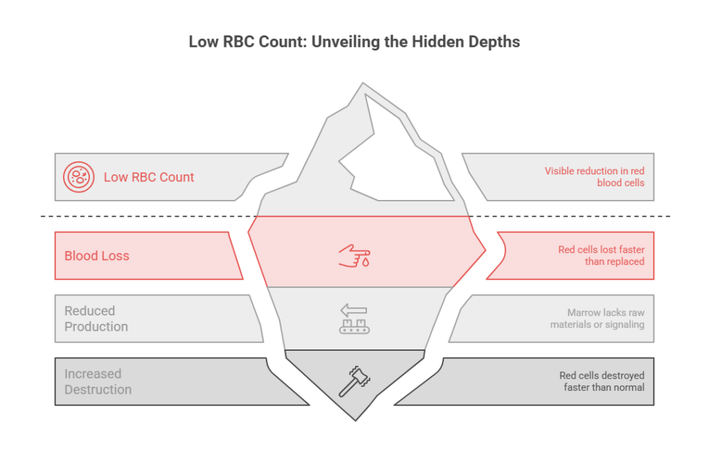 Infographic illustrating low RBC count causes with sections for blood loss, reduced production, and increased destruction.