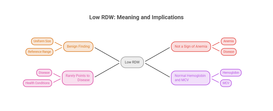Infographic illustrating Low RDW implications with terms like "Benign Finding," "Anemia," and "Normal Hemoglobin and MCV."