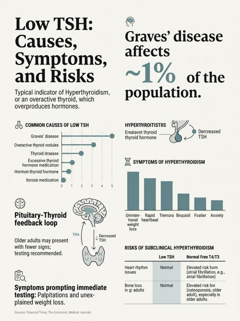 Infographic on low TSH causes, symptoms, and risks, featuring graphs and data on hyperthyroidism and Graves' disease.