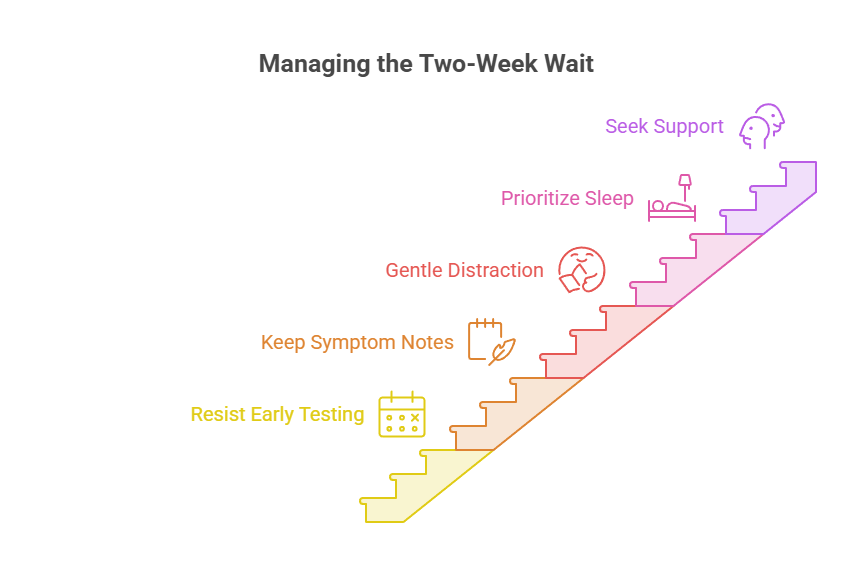 Infographic illustrating strategies for managing the two-week wait, including steps like seeking support and prioritizing sleep.