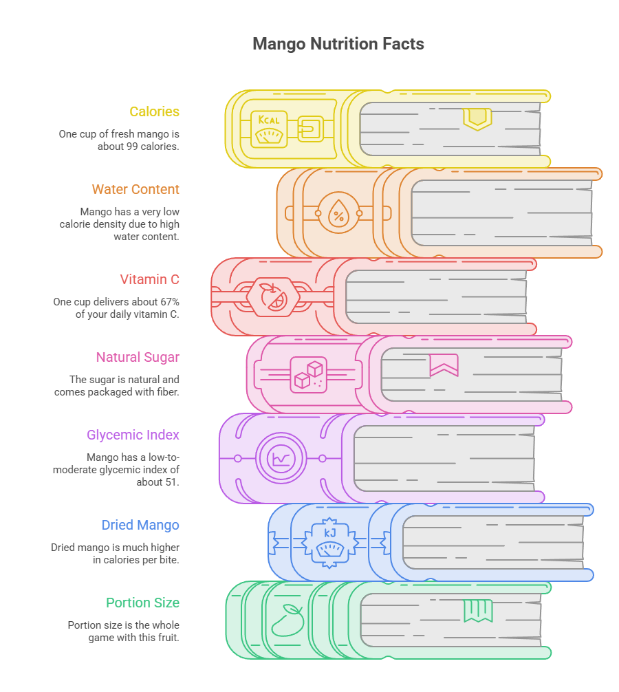 Infographic showing mango nutrition facts with sections on calories, water content, vitamin C, natural sugar, glycemic index, dried mango, and portion size.