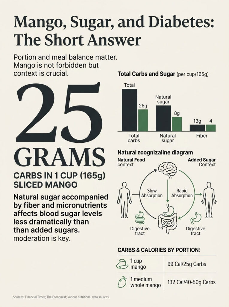 Infographic showing mango's carbs, sugar content, and absorption rates with charts and diagrams.