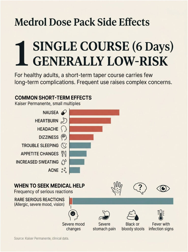 Infographic showing Medrol Dose Pack side effects, including common effects and when to seek medical help.