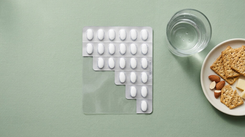 A blister pack of white pills sits next to a glass of water and a plate of crackers, cheese, and nuts on a green background.