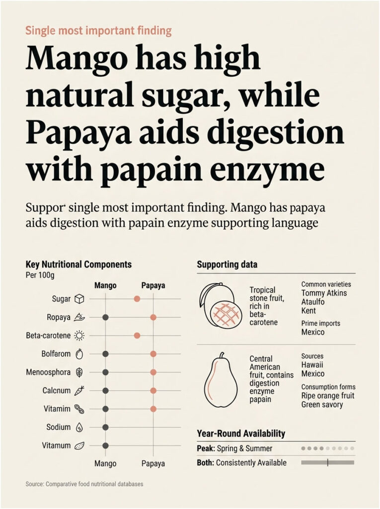 Infographic comparing mango and papaya nutritional components, highlighting sugar and digestive benefits of papaya.