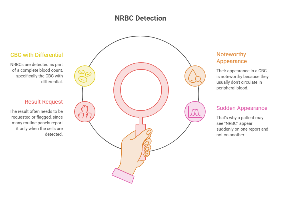 Infographic explaining NRBC detection in CBC with differential, highlighting key points and illustrations.